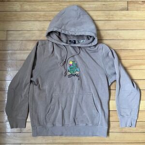 Stussy Cactus Embroidered Hoodie Taupe Brown Mens Small Made in USA Streetwear